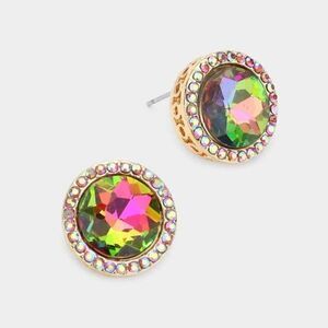 Rhinestone Trimmed Round Stone Oil Spill Evening Earrings